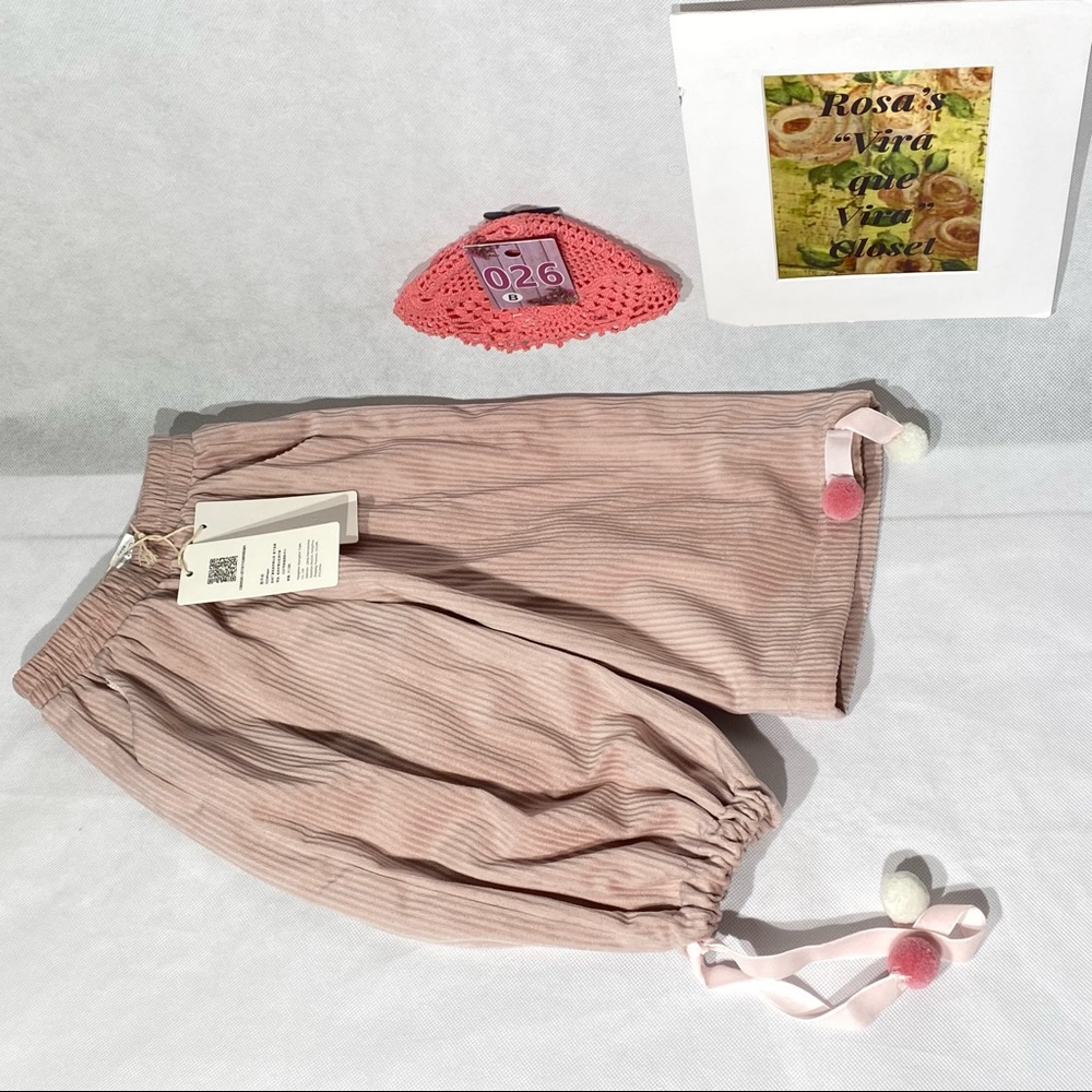 Xizi Kids NWT Soft Pale Pink Lined Corduroy Pants with Pom-pom Ties - Picture 3 of 15